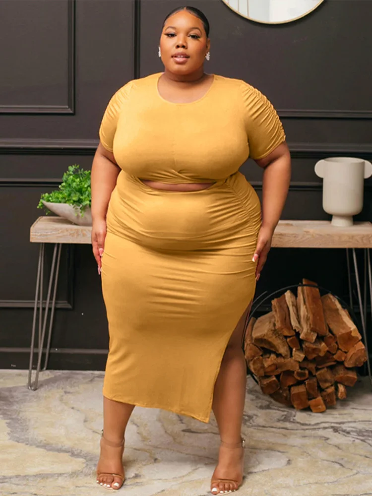 Plus Size Women Clothing Summer Outfit O-neck Top Two Piece Dress Set Ladies Sexy Slit Skirt Set Wholesale Bu 3xl 4xl 5xl 6xl