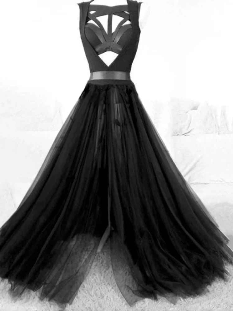 

New Strapless Long Black Dress Cutout Belt Backless Maxi Dress Party Sexy Sleeveless Slit High Waist Elegant Dress for Women