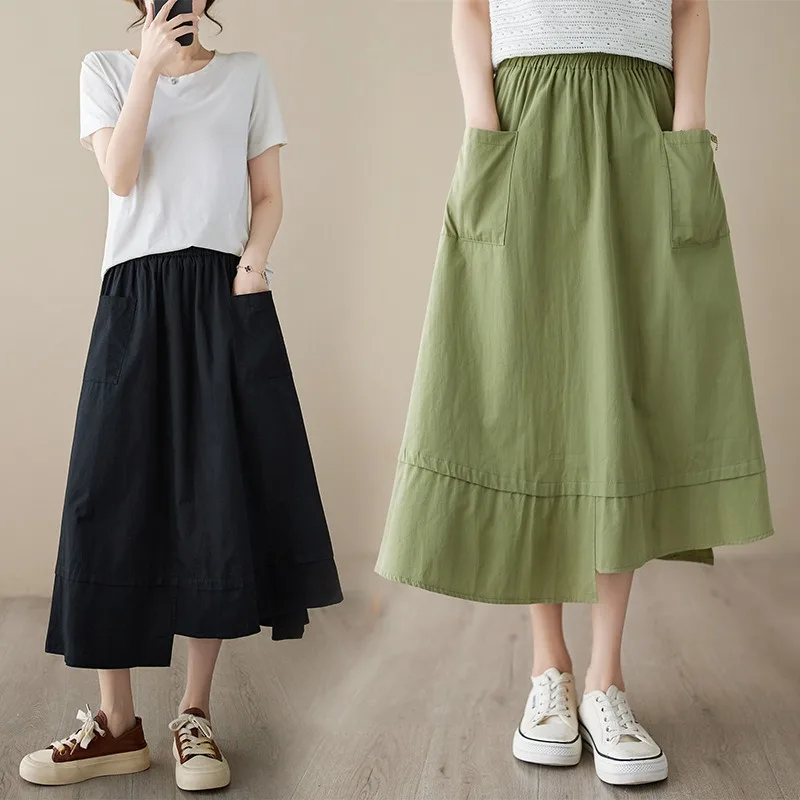 

Irregular Pocket Pleated Black Midi Length Skirts for Women High Waist Spring Summer Patchwork A Line Green Skirt Korean Style