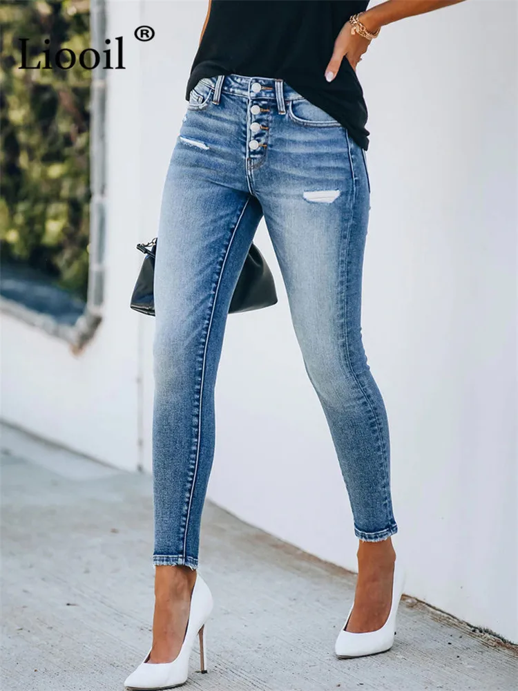 

Liooil Sexy Button Up Ripped Skinny Jeans Women High Waist Denim Trousers Streetwear Distressed Bodycon Hole Jean Pencil Pants