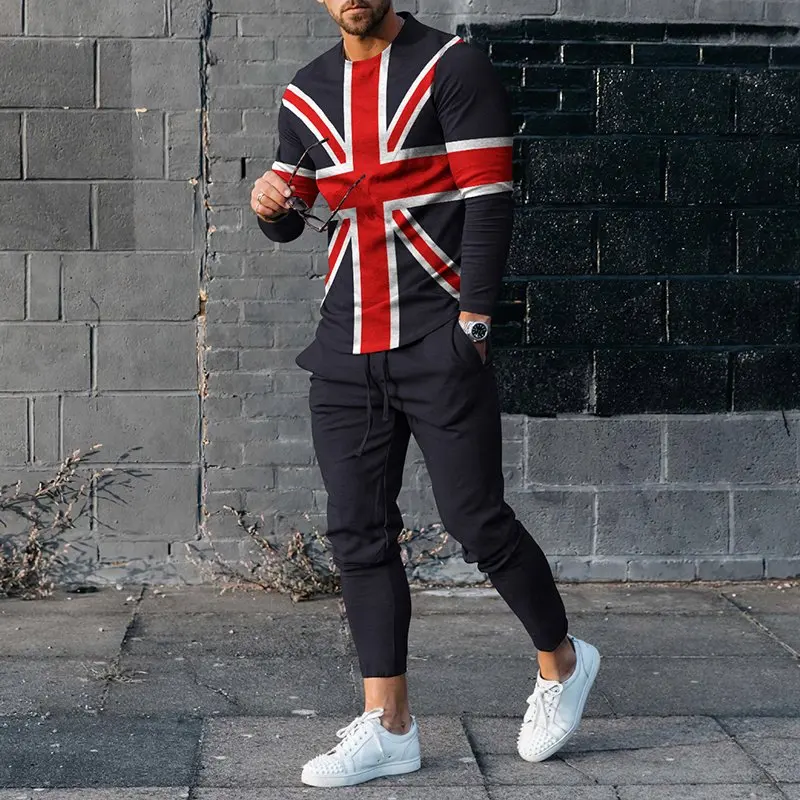 

2023 Newest Long Sleeved T Shirt for Men Sets 3D Print Trend Men's Clothes Outfits Casual Sports Pants Suits Fashion Streetwear