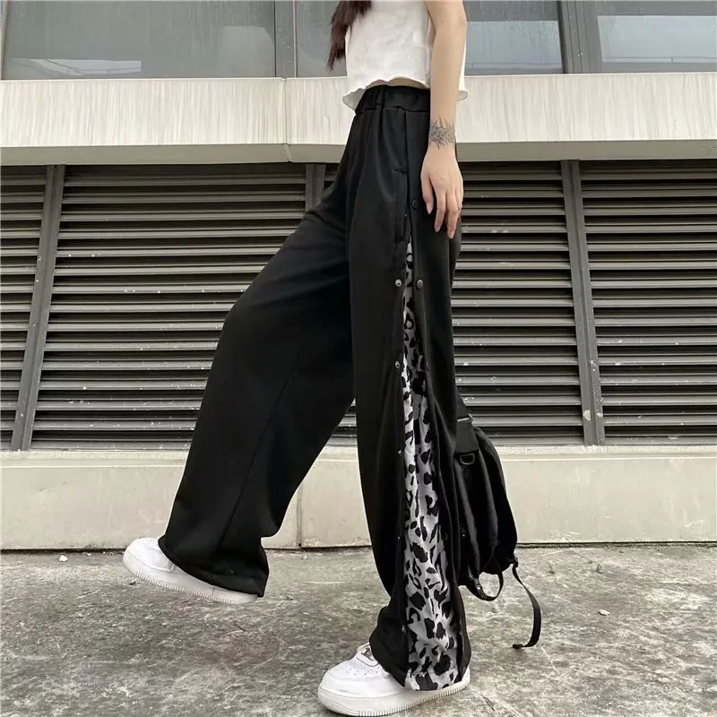 Leopard Print Denim Pants Mens Streetwear Contrast Paneled Baggy Jeans High Street Multi-Pocket Color Block Straight-leg Pants