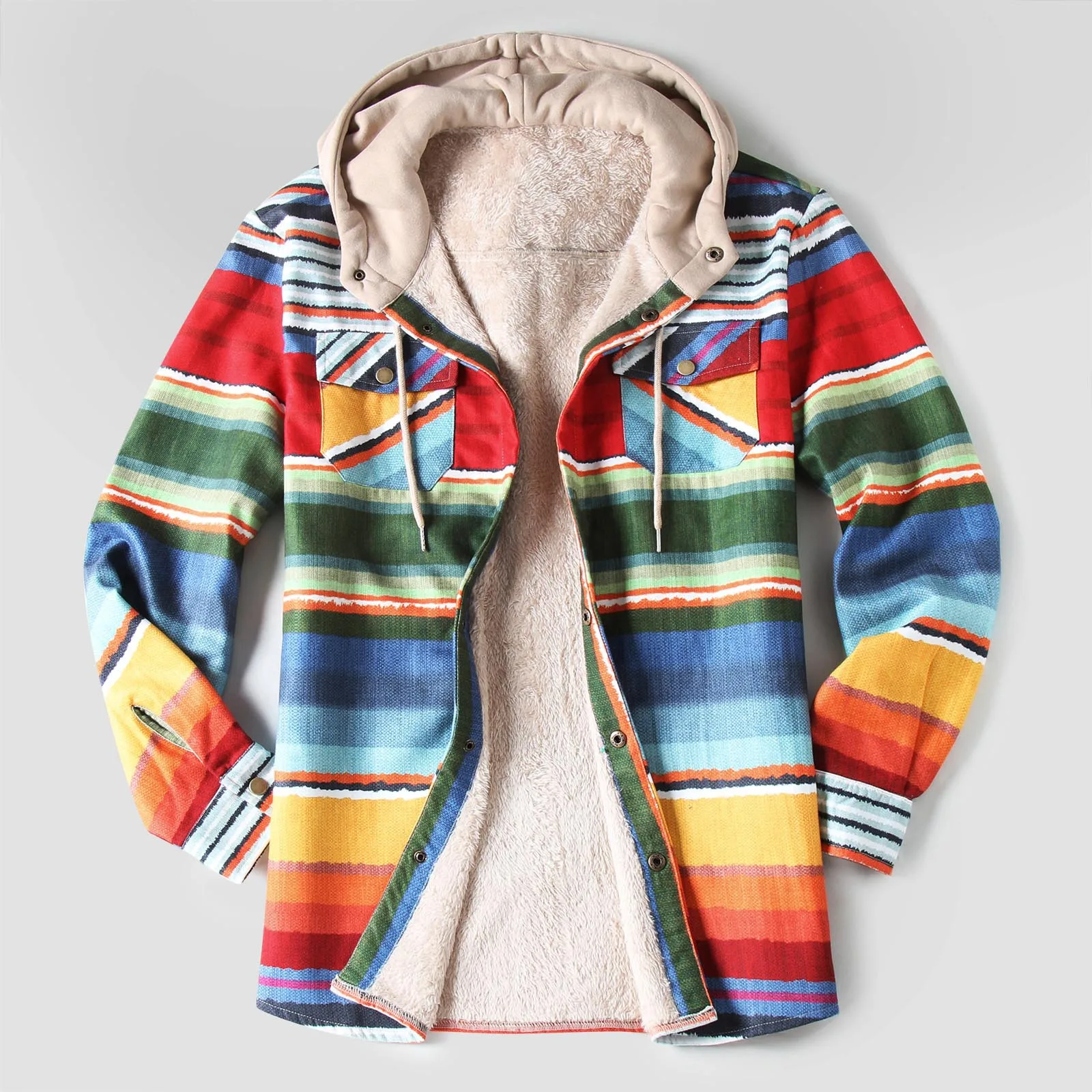 

Men'S Plaid Rainbow Printed Velvet Coat Autumn And Winter Fleece Jacket Large Pocket Hooded 2023 Loose Coat Plus Shirt Tops
