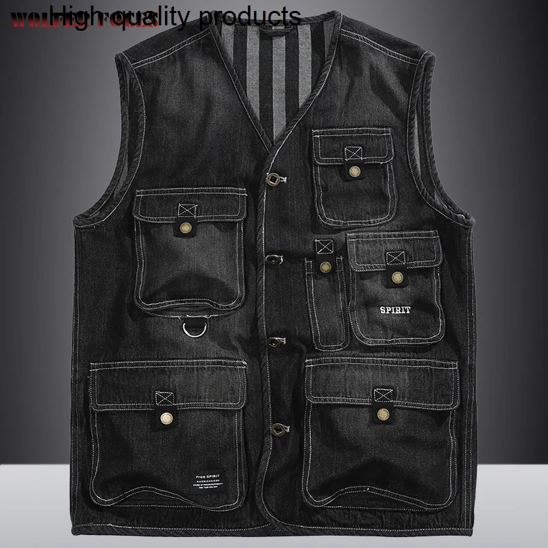 

2024 New Men's Multi-pocket Denim Vest Loose Thin Casual Sleeveless Outdoor Photography Waistcoat