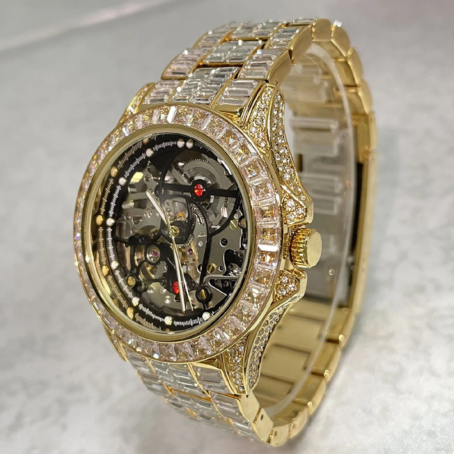 

Fashion Brands MISSFOX Hollow Automatic Mechanical Men Watch Luxury Gold Steel Waterproof Wristwatch Iced Out jewelry Clock Male