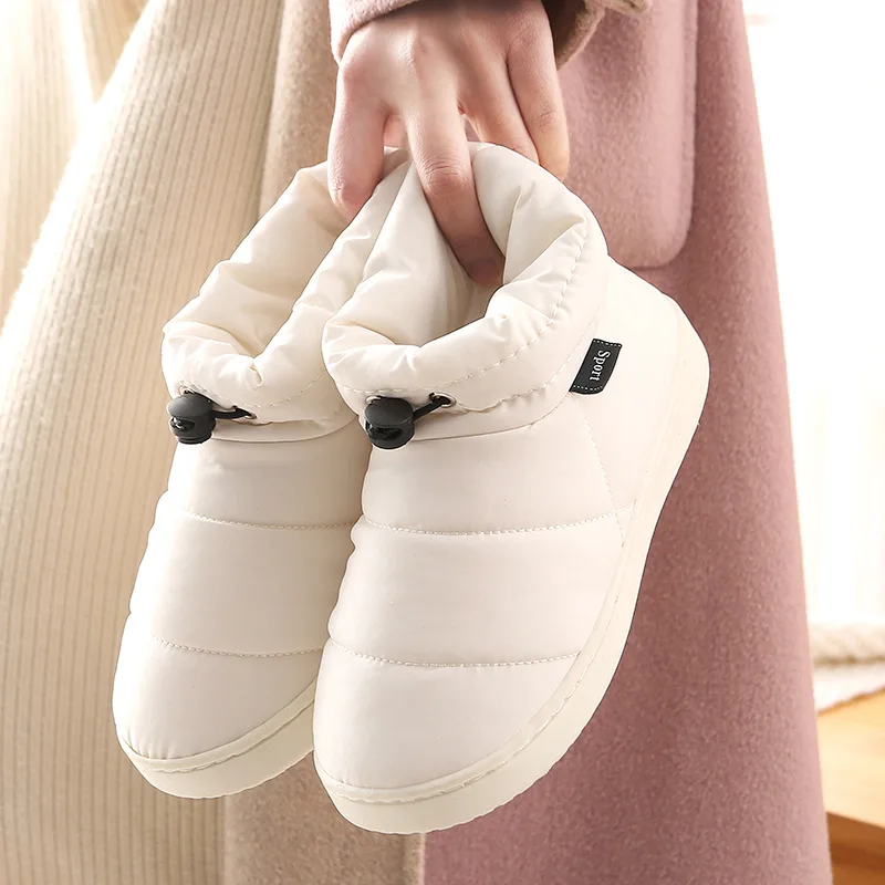 

2023 New Waterproof Down Fabric Slippers Women's Winter Indoor Home Floor Shoes Warm Plush Anti-slip Couple's Cotton Footwear