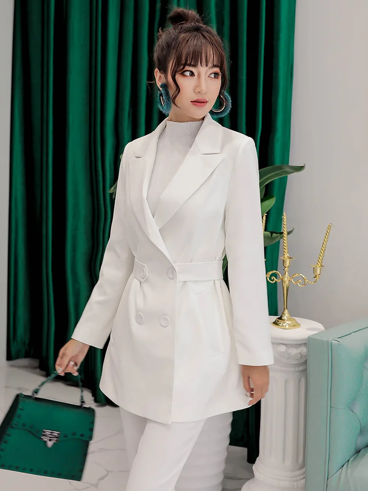 White suit women's medium length long sleeve lace up professional temperament slim medium length new style in spring and autumn