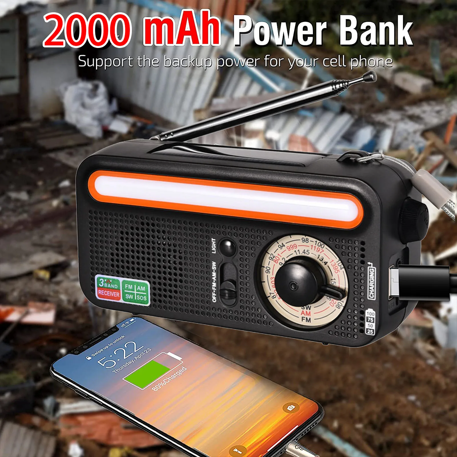 

2000mAh Emergency Radio SolarSolar Charging Battery USB Charging Hand Crank Radio Power Bank FM/AM/SW SOS Alarm Weather Alert