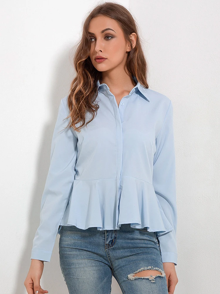 

Женская шифоновая рубашка с оборками, Повседневная Свободная блузка с длинным рукавом, однотонная офисная рубашка, весна-лето 2023