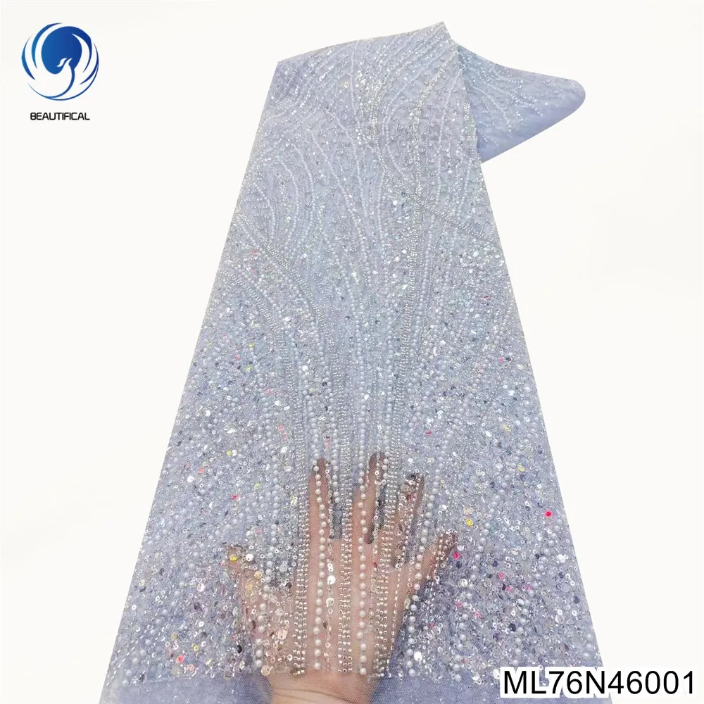 

New Faddish 2023 African Sequins Lace with French Heavy Beaded Tulle Lace Fabric for Wedding Dress ML76N460