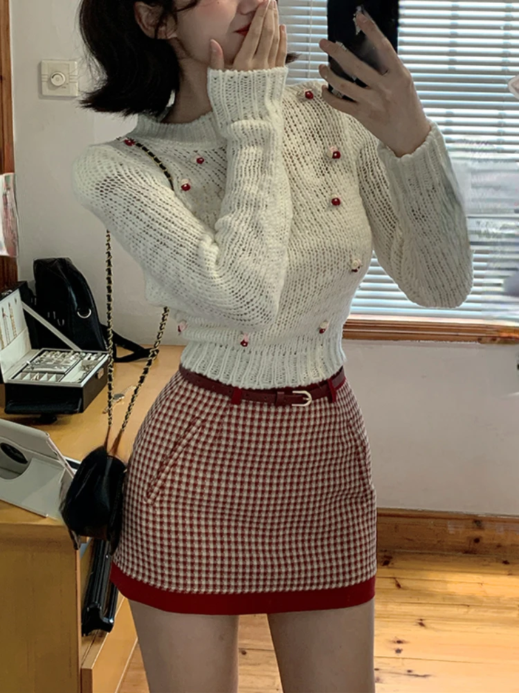 

Осень 2023, Милая юбка, комплект из 2 предметов, женский элегантный свитер и офисная Повседневная Верхняя одежда, облегающая юбка, корейская мода, шикарная