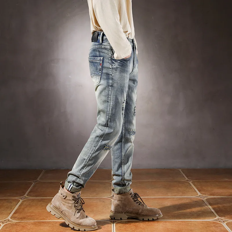 Jeans for Men Vintage Ripped Jeans Personality Slim Pants Light Washed Fashion Classical Casual Denim Pants Homme Blue Jeans