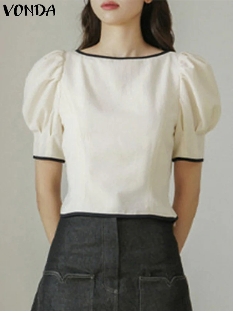 

2023 VONDA летние женские топы, модная блузка с коротким пышным рукавом, элегантные бандажные повседневные свободные рубашки с круглым вырезом, блузы в стиле пэчворк