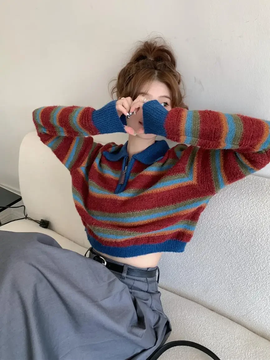 Осень/зима 2023 винтажный полосатый воротник-поло вязаный топ женский свободный