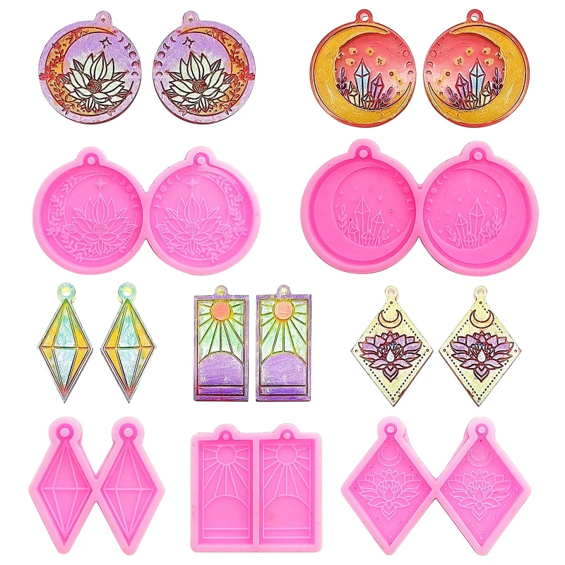 

41XC 5Pcs Lotus Flower Starry Sky Sunrise Diamond Resin Earring Mold Keychain Pendant Silicone Mould DIY Craft Jewelry Making