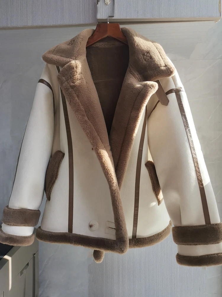 Deerskin Velvet Faux Lamb Fur Coat Women Fleece-lined Thickened Integrated 2024 Winter New Motorcycle Clothing Cotton-pad...