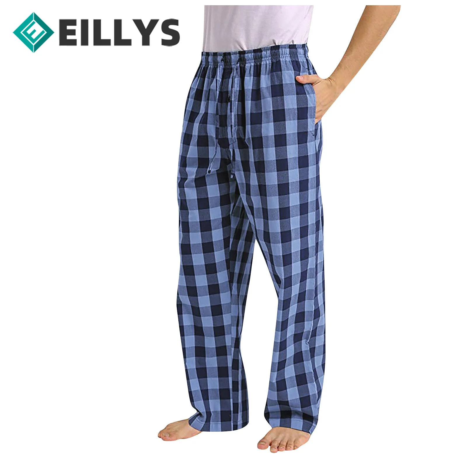 

Elastic Band Men’s Casual Pants Drawstring Loose Bottoms Cotton Casual Straight-leg Pants Japanese-style Lattice Home Trousers