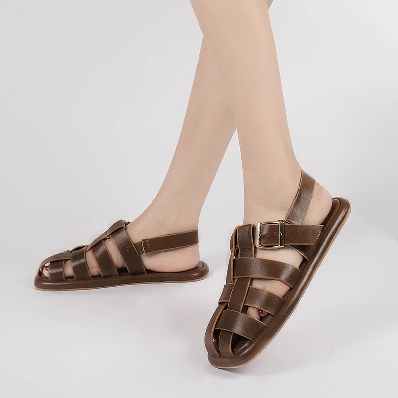 

Women's Metallic Buckle Caged Slingback Sandals 2022 New Summer Fishman Shoes Ladies Retro Square Toe Flat Sandalias