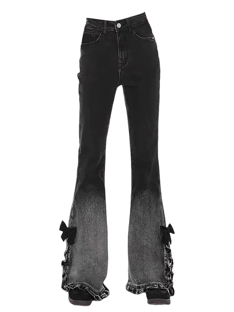 Женские темные академические брюки с низкой посадкой Y2k джинсовые колокольчиком