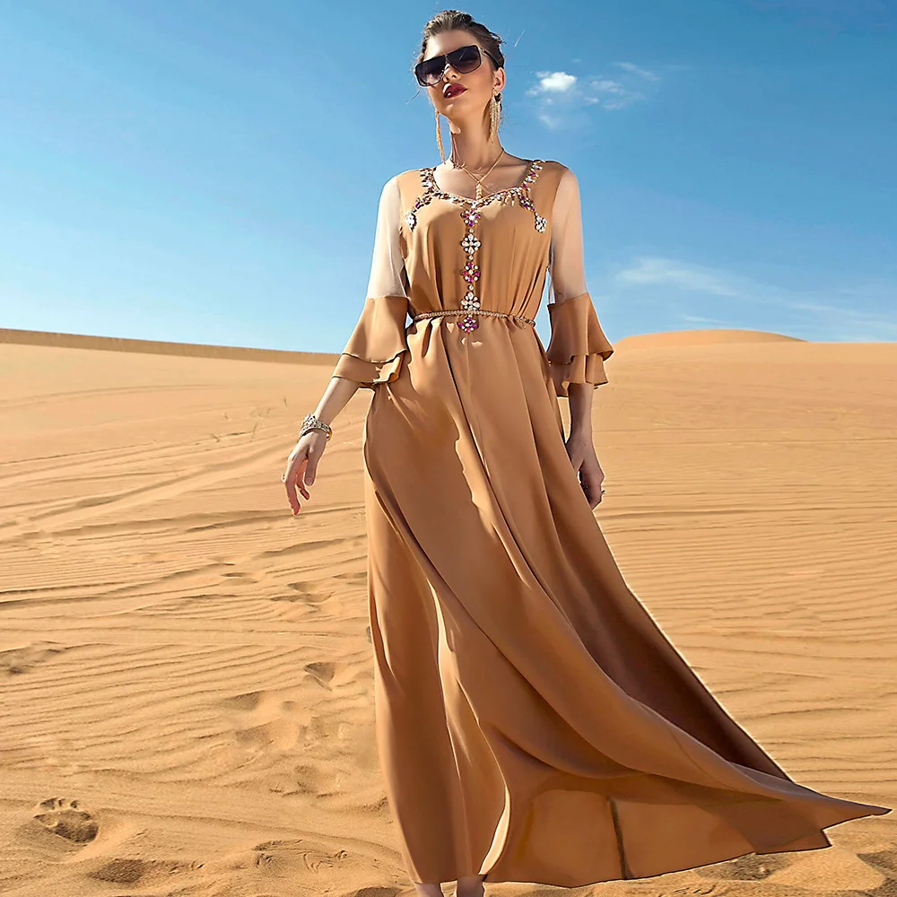 Mesh Bead Abaya With Belt 2022 V Neck Vintage Moroccan Caftan Muslim Evening Long Dress Kaftan Dubai Abaya Turkey Femme Arabic