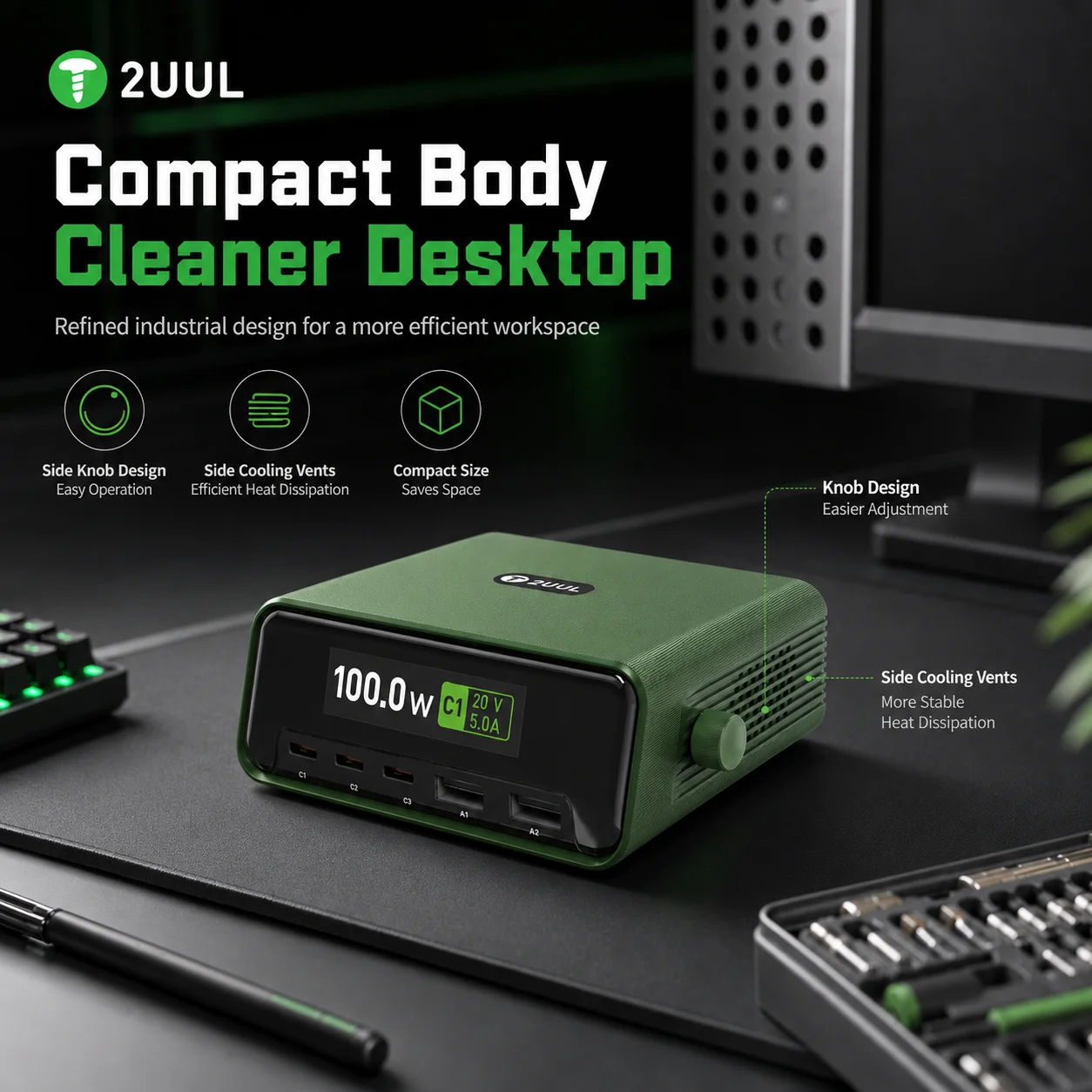Фото 2UUL PC12 100W Цифровая многопортовая настольная зарядная станция с 3 портами Type-C и 2 портами USB-A для быстрой зарядки телефонов, планшетов и ноутбуков №4