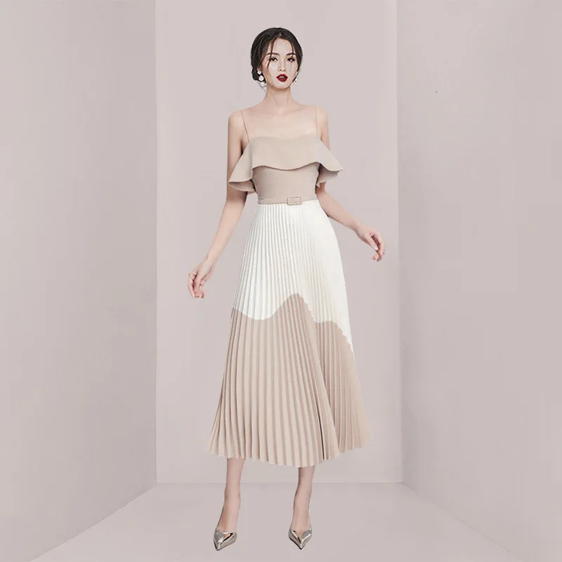 

Niche Design Khaki Color Matching Pleated Suspender Ruffled Mid-Length Women Dress 2022 New Summer Dress for Women Sexy Dress