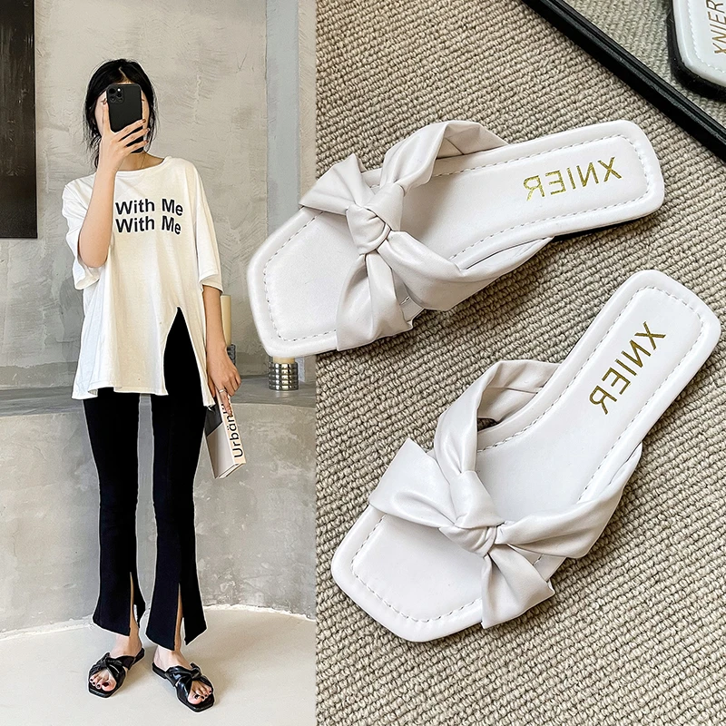 

NAUSK 2022 NEW Ladies Bow Sandals Ladies Flat Outdoor Beach Shoes Casual Home Slippers