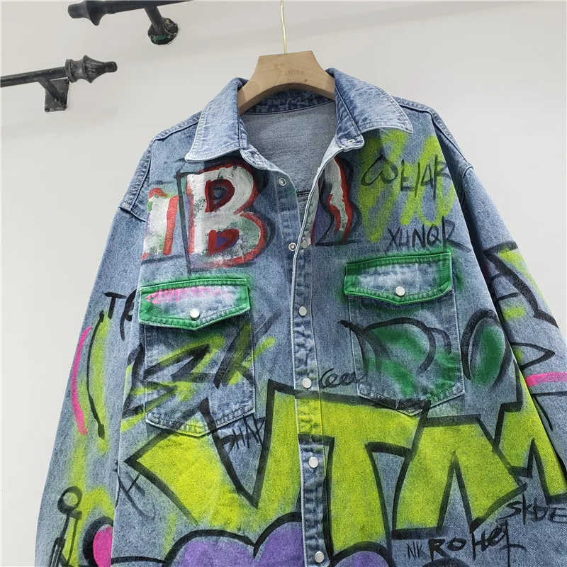 Куртка женская джинсовая с длинным рукавом винтажный пиджак из денима принтом