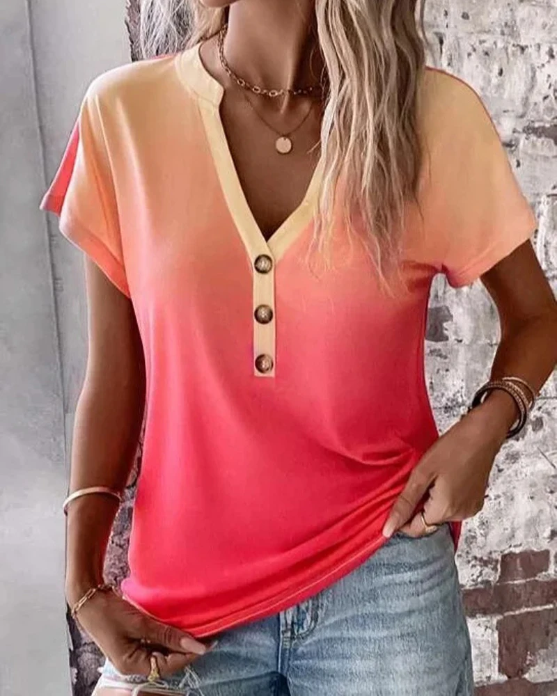 

2023 Ninimour Women Ombre Notch Neck Buttoned Casual T-shirt V Neck Short Sleeve Casual Pullover Tops Summer Womens Clothings