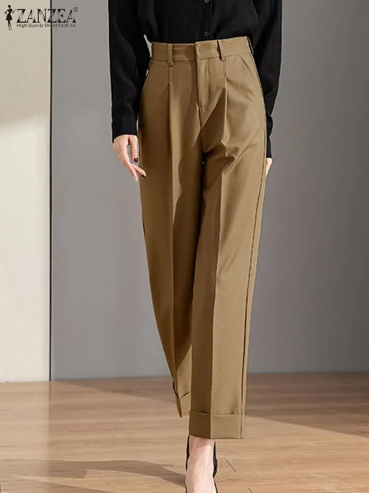 

ZANZEA Casual OL Pleated Trousers Elegant High Waist Pants Women Fashion Office Wear Pockets Cropped Pant 2022 Autumn Femme