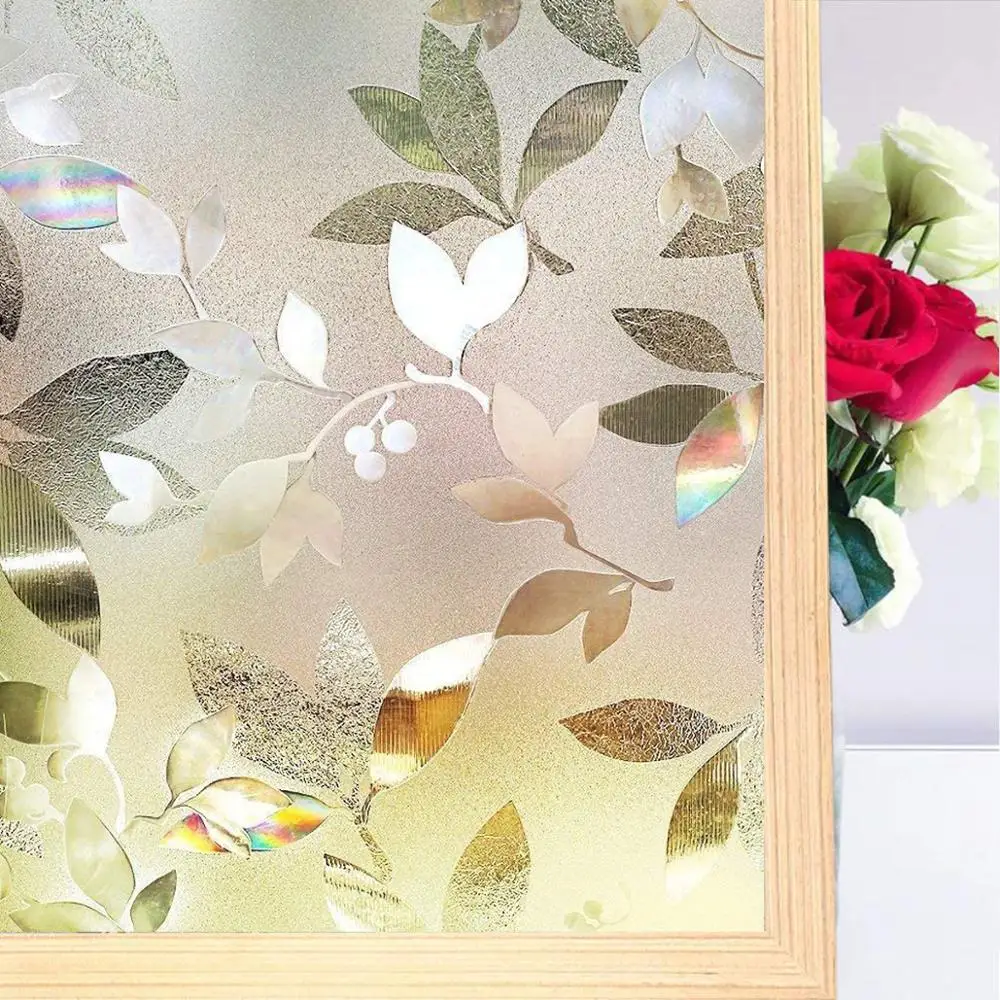 

2 Meter Stained Decorative Window Self Adhesive Film Static Cling Privacy Glass Sticker No Glue 3D Rainbow Leaf Effect for Home