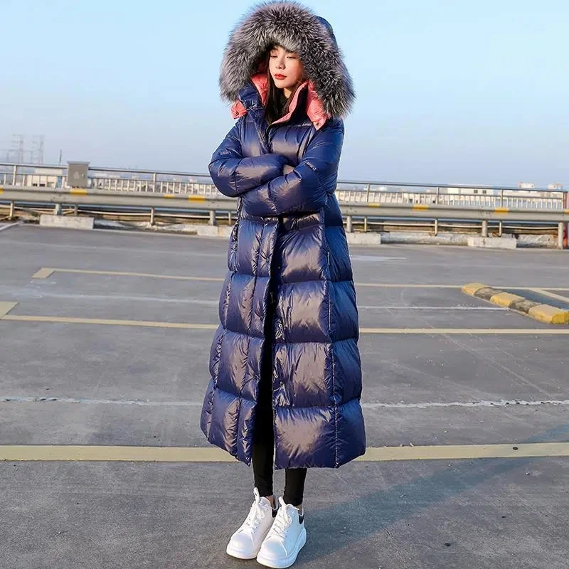 Down Cotton Jacket Women 2022 Winter Loose Shiny Fashion Casual Padded Coat Female Long Over Knee Thick Fur Collar Warm Parkas
