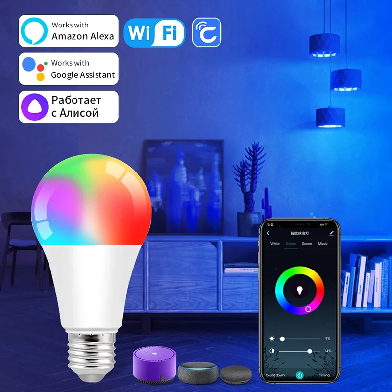 Лампа светодиодная Tuya E27 с Wi-Fi регулируемой яркостью 18 Вт 15 220-240 В RGB приложение Smart