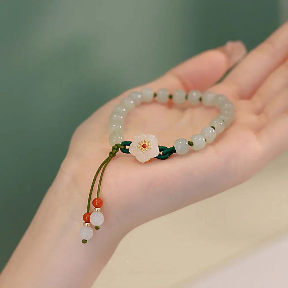 1Pc Chinese Style Jade Bracelet Women's Ancient Style Flower Bead Bracelets Step By Step Commemorate Woven Hand Rope Jewelry