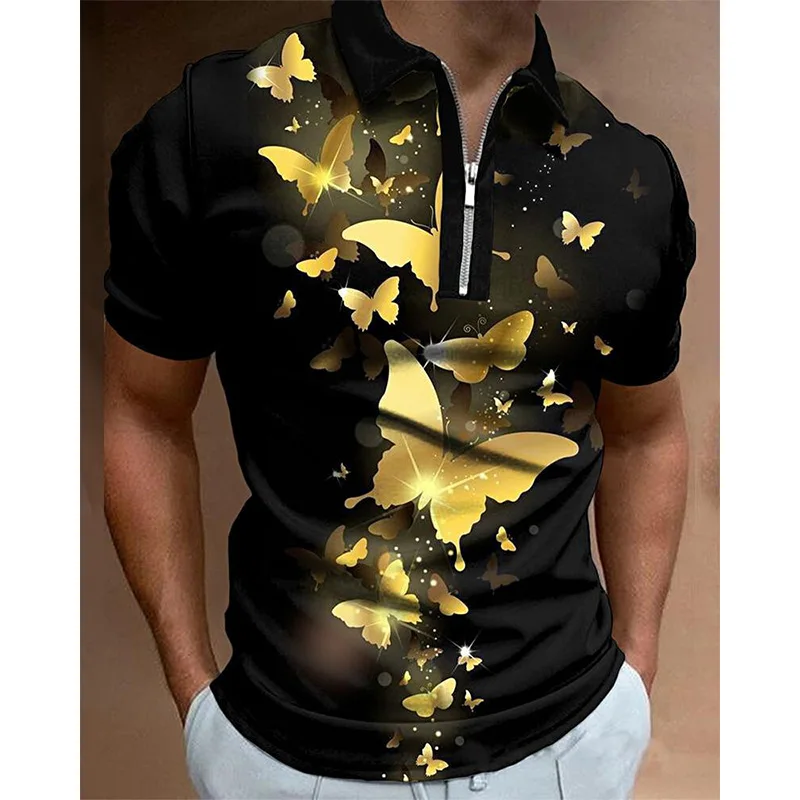 

Summer Men Polo Shirts Butterfly Printed Shirt Casual Short Sleeve Patchwork Turn-Down Collar Zipper Poloshirt Mens Streetwear