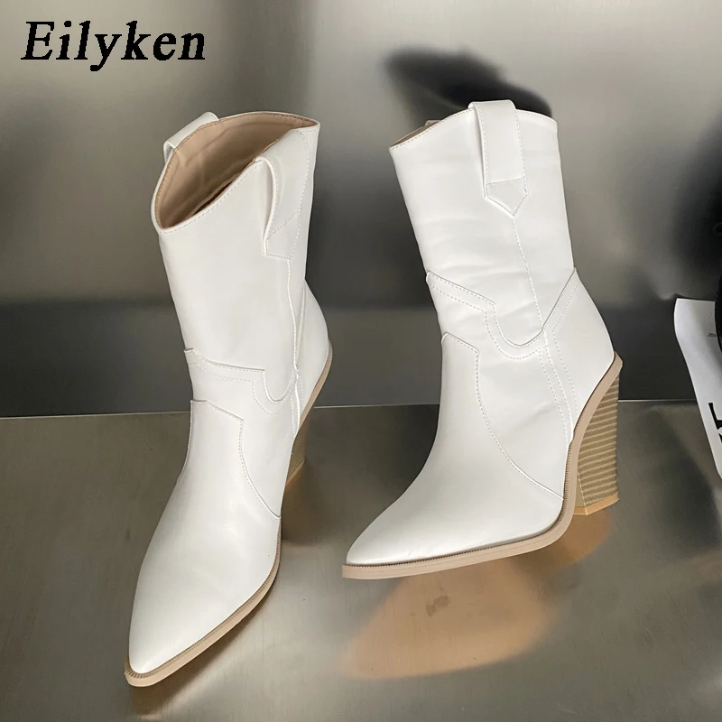 

Eilyken Autumn Women Ankle Boots Pu Leather Wedge Pointed Toe High Heel Winter Western Cowboy Boots Fashion Woman Denim Shoes