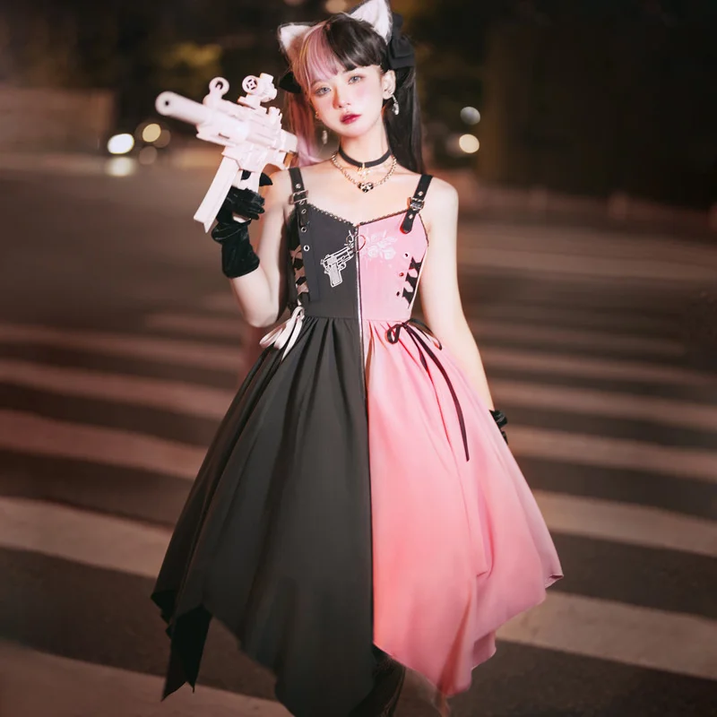 

Модное Новое контрастное платье в стиле "Лолита", необычное милое темное платье-трапеция на молнии со шнуровкой, 2023