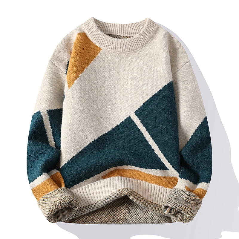 

New Fall Winter Men Warm Patchwork Knitwear Sweater Men's Fashion Loose Casual Cashmere Sweater Top Quality Male O-neck Pullover