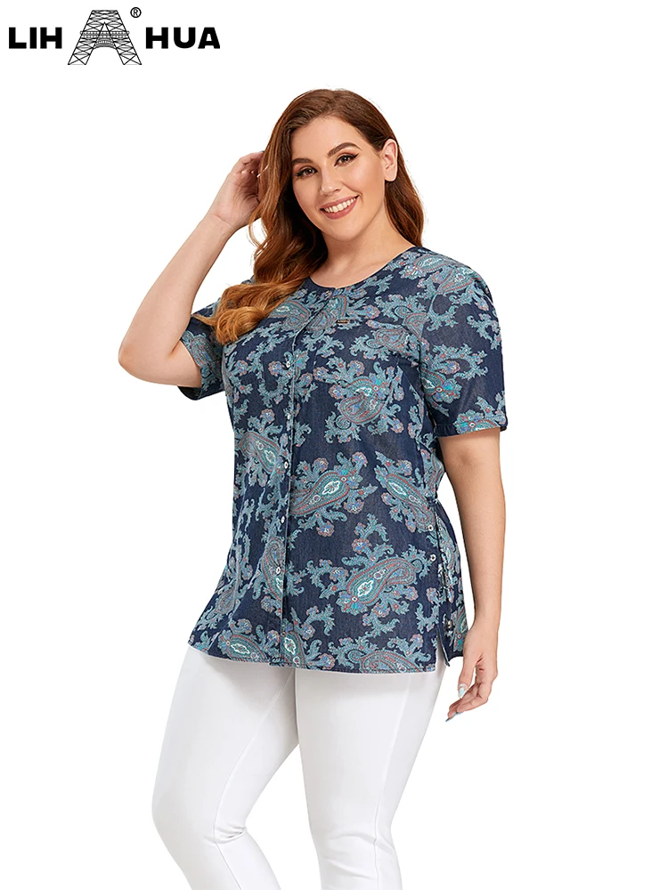LIH HUA Blouse Plus Size Denim Shirt Summer Casual Short Sleeve Belt Fashion Print Woven Shirt