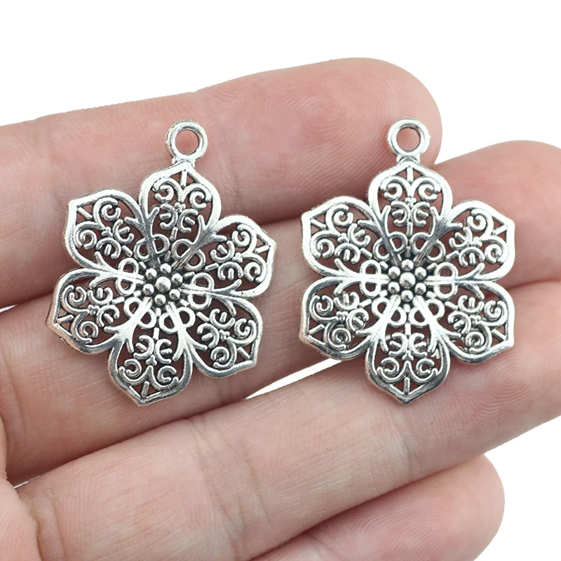 

10Piece 24*32mm Antique Silver Plated Hollow Flower Charm For Women DIY Necklace Making Retro Jewelry Pendant