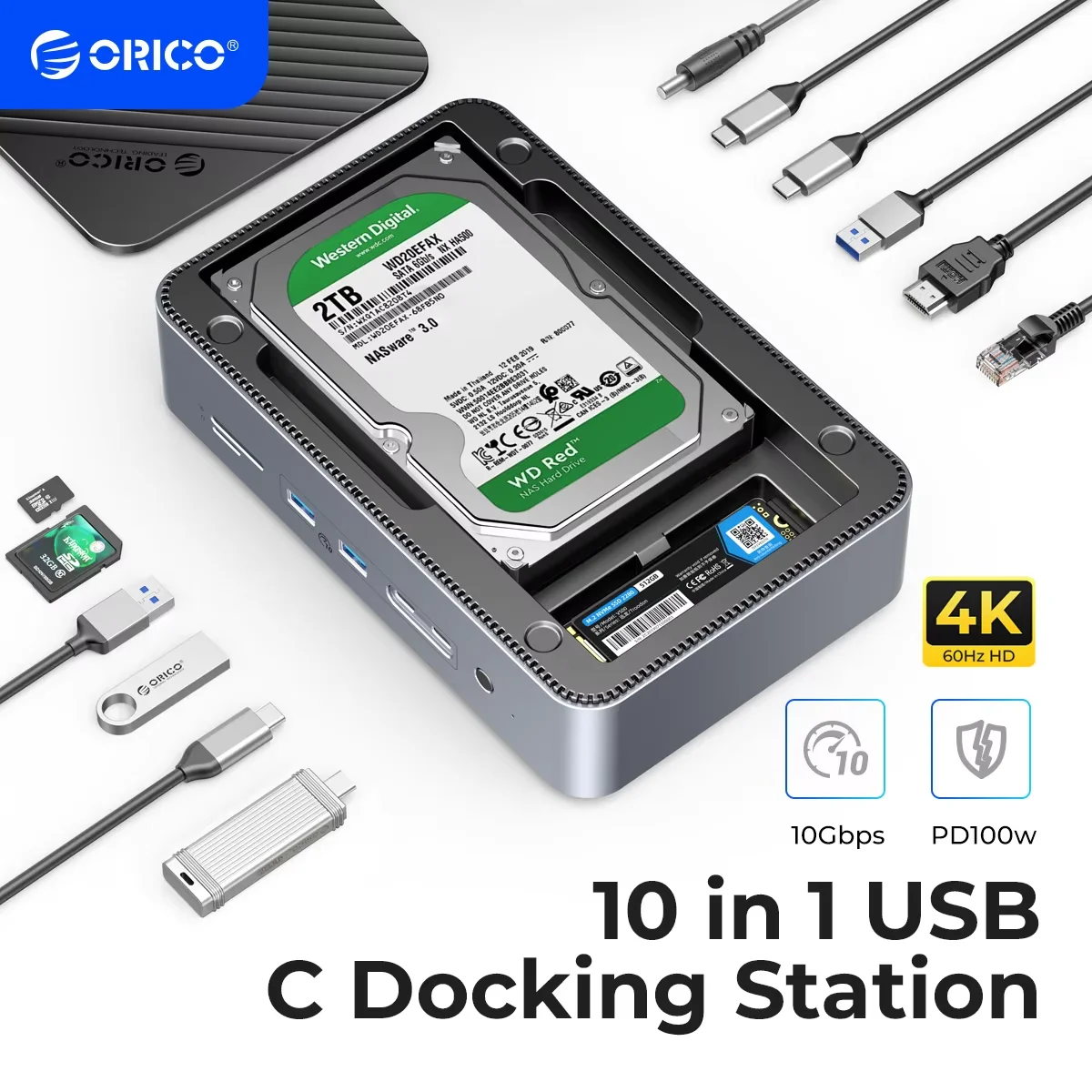 Фото Док-станция ORICO с двойным корпусом M.2 NVME SSD 3,5 Корпус жесткого диска Паровая док-станция 10 в 1 HDMI 4K60 Гц PD100W Ethernet №1