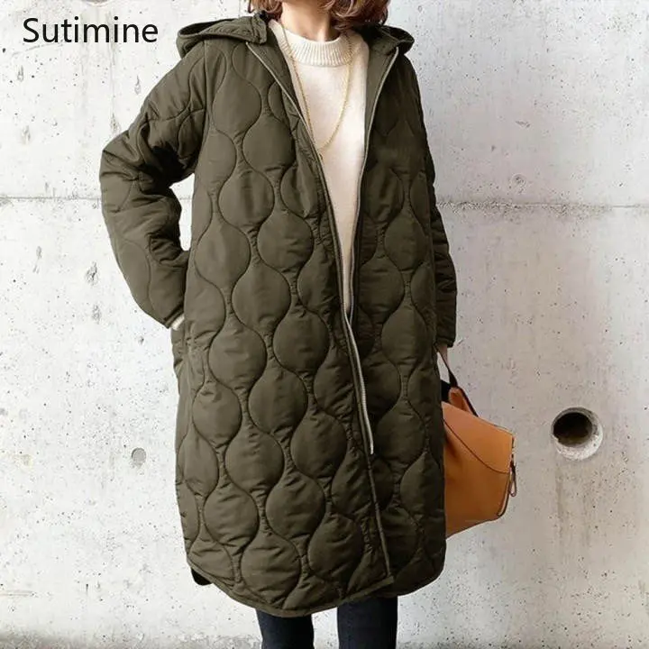 Black Winter Coat for Women Office Lady New Asymmetric Diamond Plaid Cotton Coat Hooded Comfortable and Casual Coat for Women