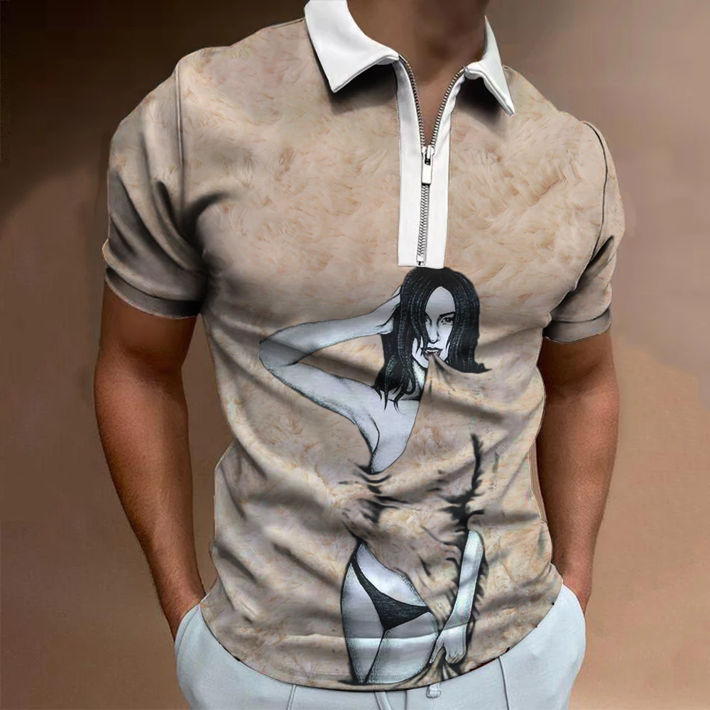 

New camisetas polo Luxury Men's Clothing Shirts Patchwork Print Casual Short Sleeve Tee Shirt Men Turn-Down Collar Zipper Polo