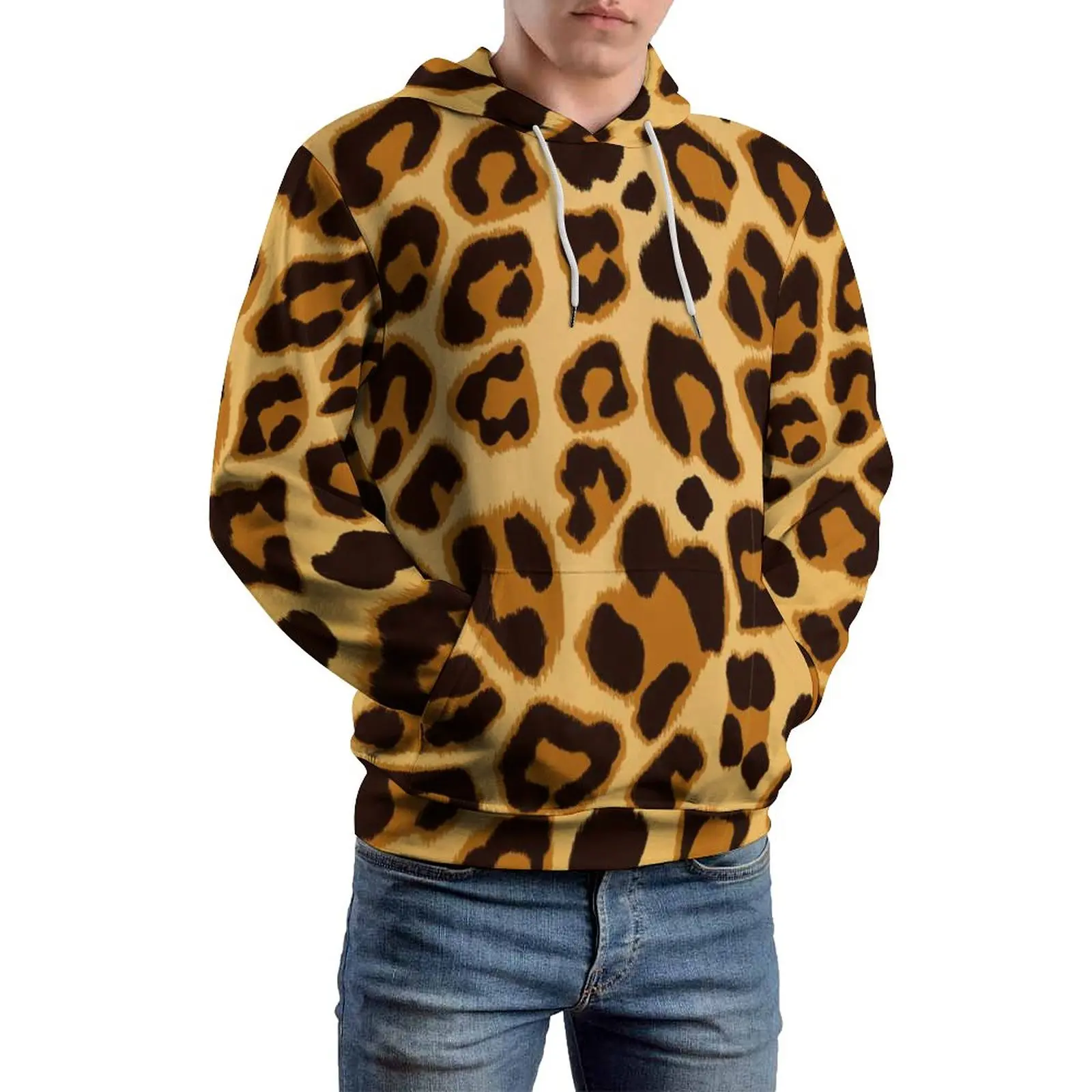 

Leopard Print Casual Hoodies Man Dark Burnt Orange Spots Y2k Design Hooded Sweatshirts Winter Long Sleeve Loose Oversize Hoodie