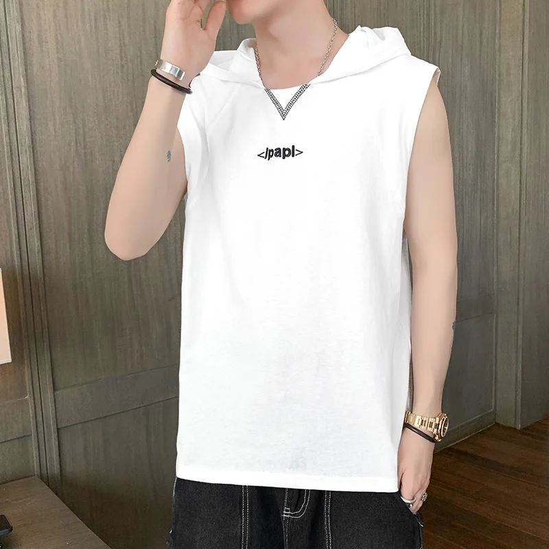 

New Summer Casual 2022 Hooded Sleeveless White Grey Solid Vest Plain Cotton Tank Top Men Tee Bodybuilding Gyms T-Shirt Sportwear