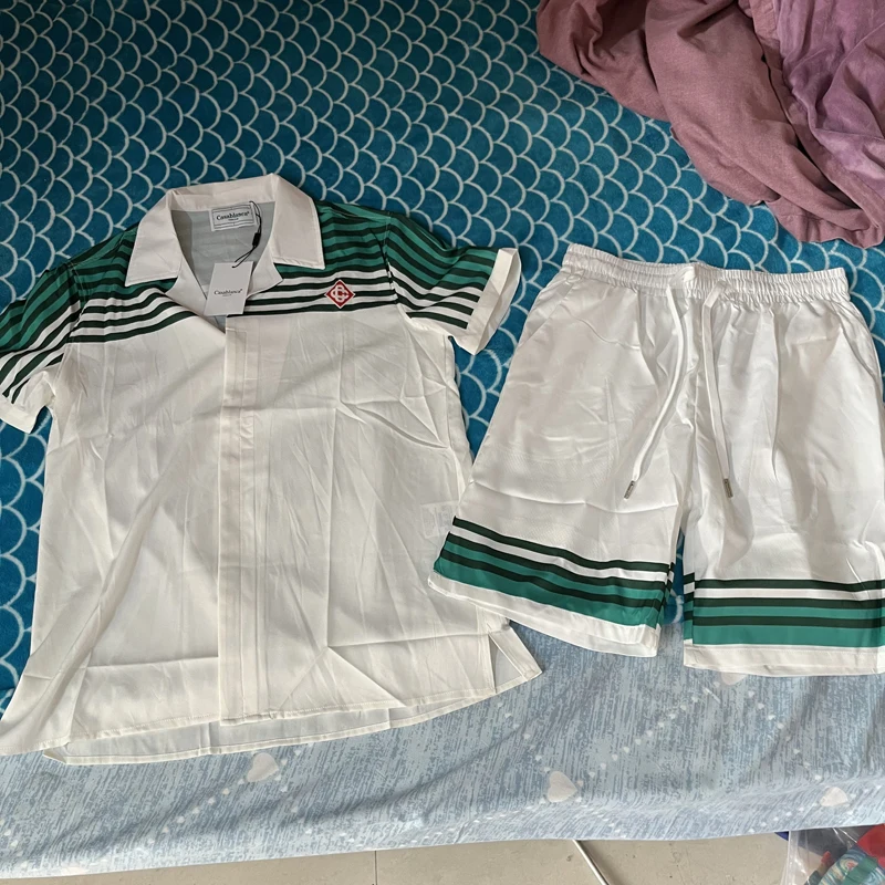 

Рубашка в зеленую полоску для мужчин и женщин, повседневный кардиган свободного покроя с короткими рукавами, одежда для отдыха на лето