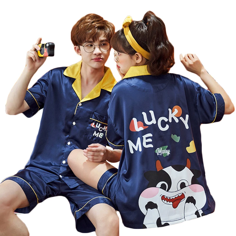 2PCS Summer Sweethearts Pajama Sets Women Men kawaii Cow Sleepwear Silk Cloth Short Sleeves Pyjama Pour Femme Pijama Casual