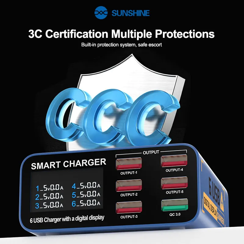 SUNSHINE SS-304Q 6-портовый USB-цифровой дисплей Быстрая зарядка QC3.0 Совместимость с