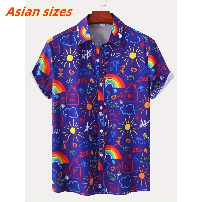 Фото Rainbow Flowers Pattern Hawaiian Shirt For Men Colorful Graffiti 3D Printed Aloha Shirts Casual Lapel Tops Short Sleeves Blouses №4