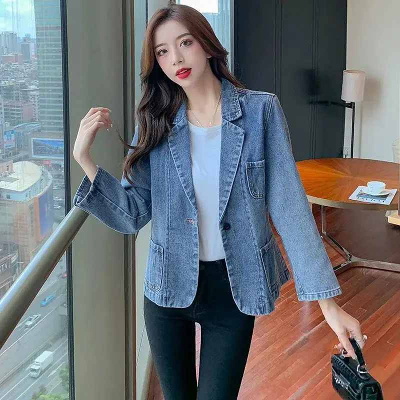 Женский джинсовый пиджак с карманами Тонкий Блейзер свободного покроя верхняя